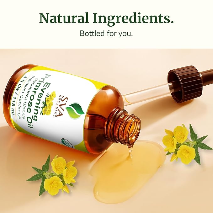 SVA Evening Primrose Oil Organic - 4 Fl Oz – 100% Natural Cold Pressed Organic Evening Primrose Oil - for Face, Skin Care, Hair Care, Scalp Massage & Body Massage – Carrier Oil with Dropper - Bloomnest
