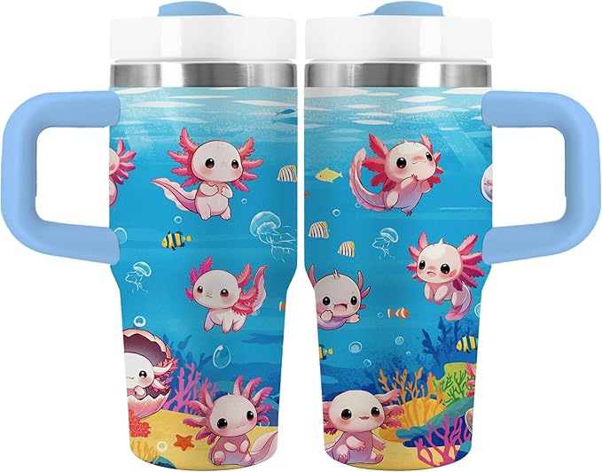 Axolotl Gifts for Girls - 14oz Blue Kids Axolotl Tumbler with Handle and Straw, Stainless Steel Insulated Water Cup, for Sport, School, Travel - Axolotl Lovers Gift for Children Birthday Gift Cup(1pc) - Bloomnest