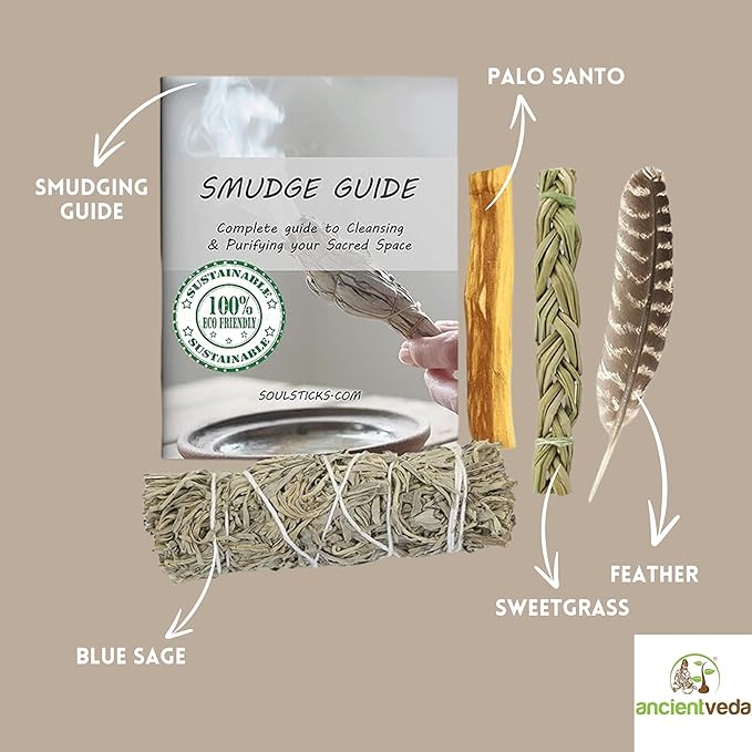 Ancient VEDA Organic Smudge Kit – Blue Sage, Palo Santo, Sweetgrass Braid, Feather & Smudge Guide | Home Cleansing Kit for Meditation, Yoga, Energy Healing & Gift (Starter Kit, Blue Sage)