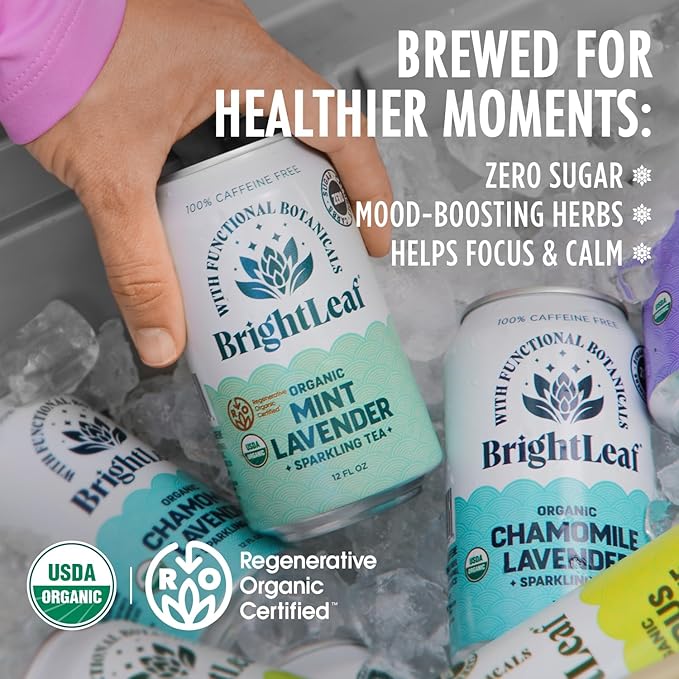 BrightLeaf Regenerative Organic Sparkling Tea, Mint Lavender, 12 oz Cans (Pack of 12) – Zero Sugar & Zero Calories – Organic Herbal Tea Drink – Mood-boosting ingredients – Craft Brewed Botanical Beverage - Bloomnest