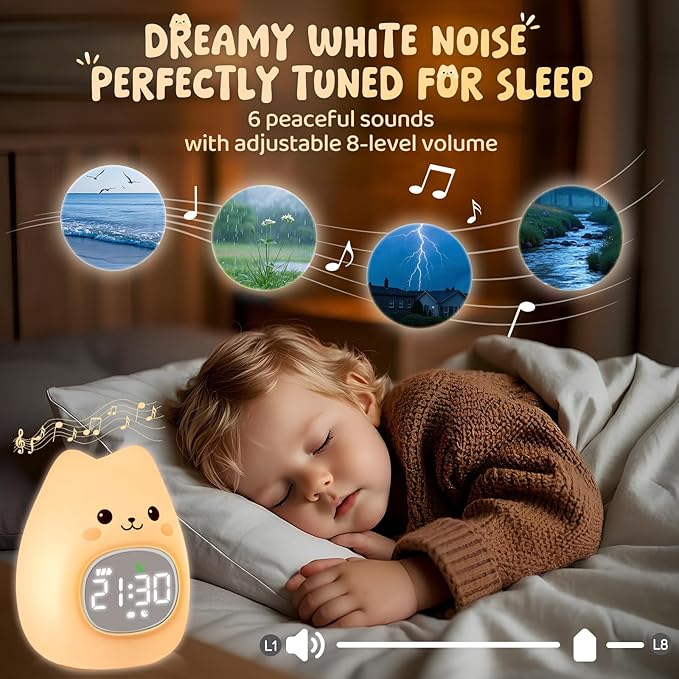 Cat Alarm Clock with Night Light for Kids with Sleep Training and Sound Machine, Rechargeable Silicone Lamp OK to Wake Clock，Cute Animal Tabletop Lamp, Perfect Sleep Companion for Boys Girls - Bloomnest