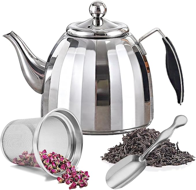 Stainless Steel Tea Pot with Removable Infuser - Loose Leaf Tea Maker, Home & Kitchen Teapot - Large 67.6 oz, Stovetop Safe Teapot for Tea/Coffee, Mirror Finish (2000ml) - Bloomnest