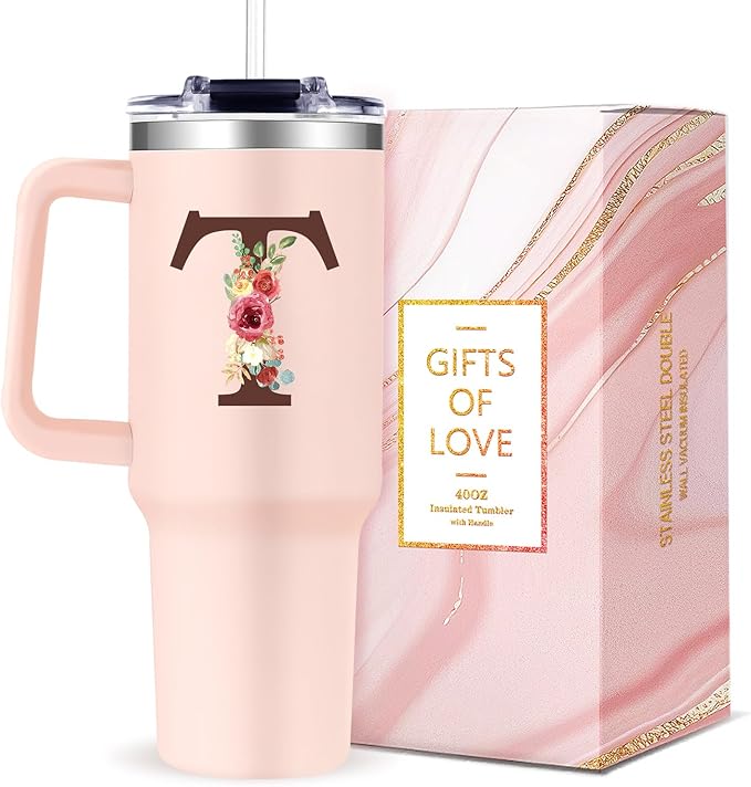 Monogrammed 40oz Tumbler with Handle for Women, Personalized Birthday Gifts for Women,Initial Cups for Woman Floral Letter T,Customized Gifts for Female Lady Gift for Mothers Day Christmas - Bloomnest