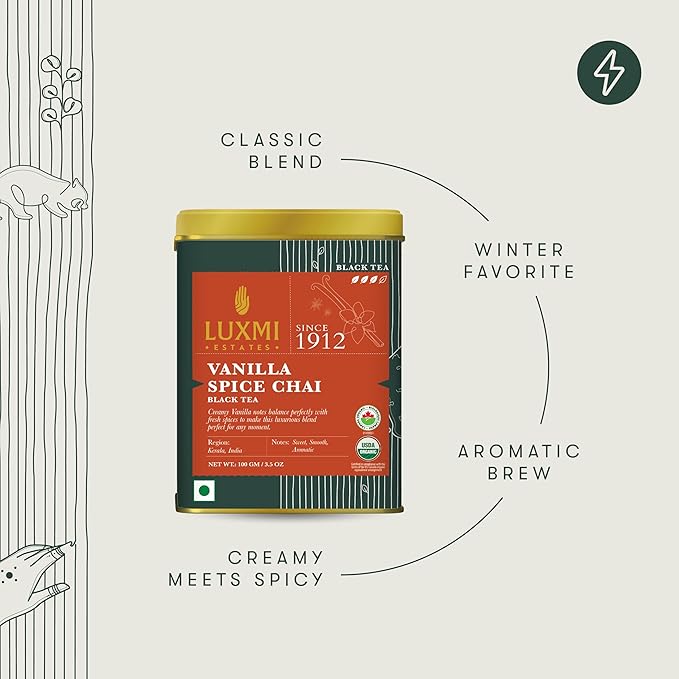 LUXMI Estates Vanilla Spice Chai 100Gm Loose Leaf Tin | Certified Organic Black Tea Leaf | Smooth, Flavorful, Robust, Caffeinated | Darjeeling & Assam Tea From India, 100 grams - Bloomnest
