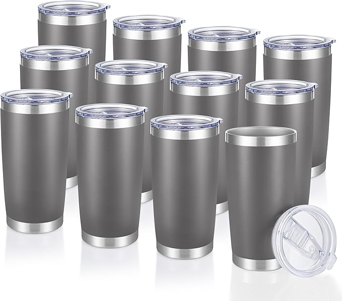 20 oz Tumblers Bulk Stainless Steel Tumbler with Lid Double Wall Vacuum Insulated Coffee Mug 20oz Powder Coated Cup for Hot and Cold Drinks, Gray, 12 pack - Bloomnest