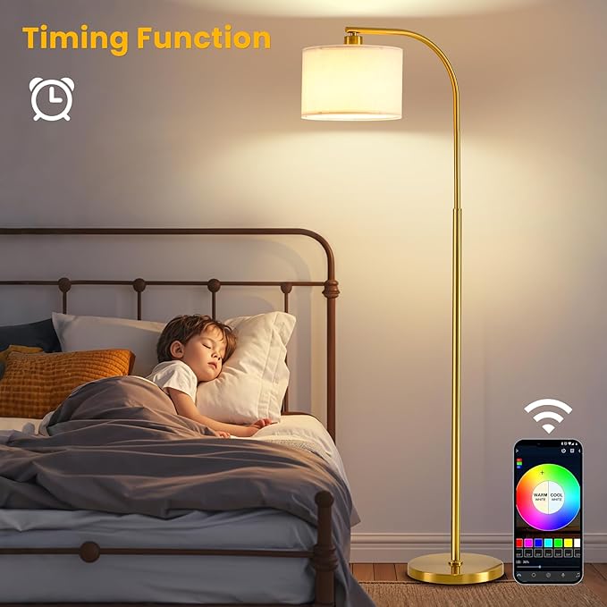 Floor Lamp for Living Room with Remote,Dimmable Tall Standing Lamps,Modern Floor Light with Smart RGB Bulb,App Control,3 Color Temperatures,Fabric Shades,Gold Floor Lamp for Bedroom Office Corner - Bloomnest