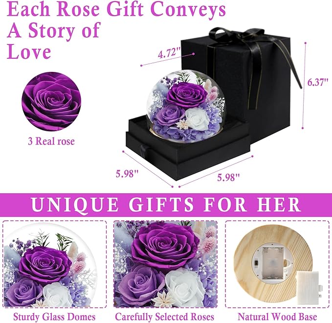 FIACO Valentines Day Gifts for Her Preserved Rose Forever Fresh Flowers for Delivery Birthday Flowers Gifts for Women Mom Grandma Wife Friends Purple Eternal Roses in Glass Dome - Bloomnest