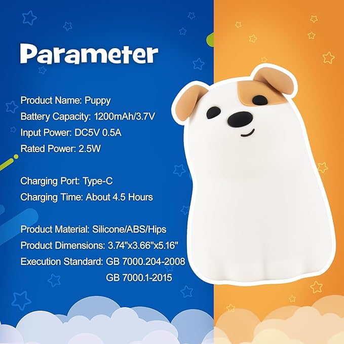 Squishy Puppy Night Light with RGB Mode 3 Brightness Adjustable Nursery Breastfeeding Nightlight Cute Novelty Smile Dog Animal Lamp Rechargeable Silicone Touch Bedside Lamp for Bedroom Dorm Decor - Bloomnest