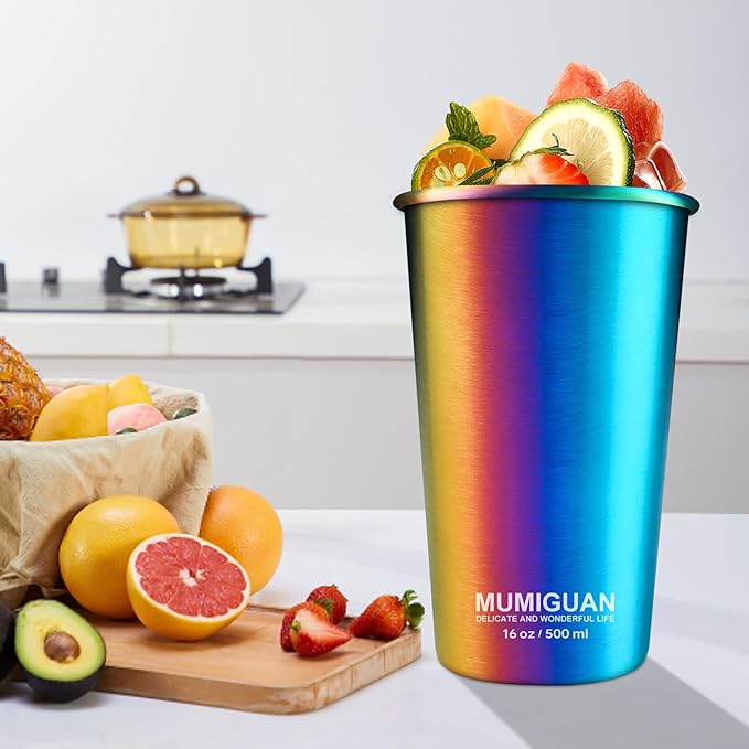 Stainless Steel Cups for Kids 16oz/500ml (4 Pack), Children's Rainbow Electroplating Cups, Camping Stainless Steel Cups, Stackable Metal Drinking Glasses, Toddler Stainless Steel Tumbler, BPA Free - Bloomnest