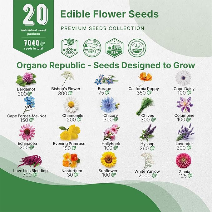 Organo Republic 20 Edible Flower Seeds Variety Pack- Indoor/Outdoor. 7000+ Non-GMO Heirloom: Borage, Bergamot, Nasturtium, Chives, Cape Daisy, Hyssop, Zinnia Seeds & More - Bloomnest