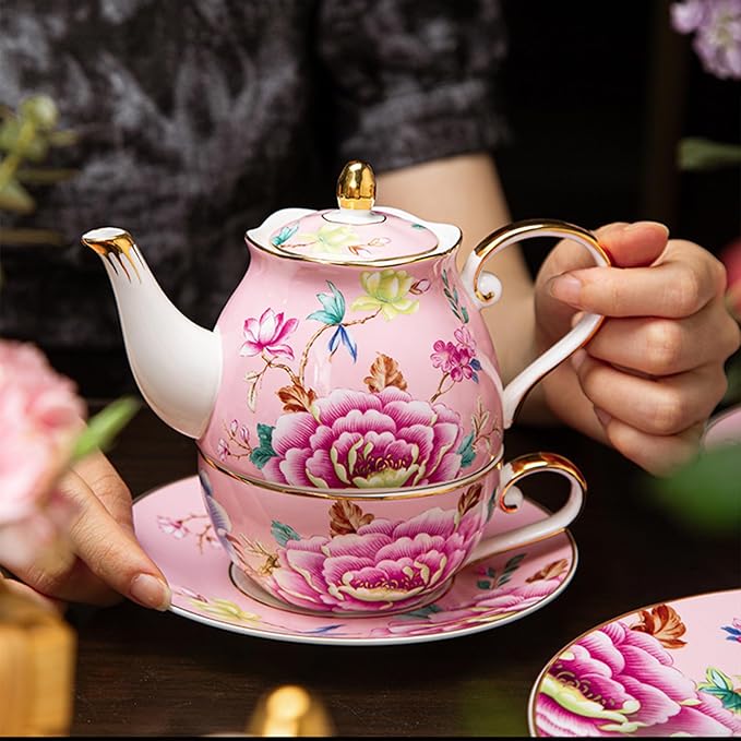 ACMLIFE Tea for One Teapot and Cup, Vintage Floral Porcelain Tea Set for One, Bone China Teapot with Cup Set, Tea Pot Gift for Women (Pink) - Bloomnest