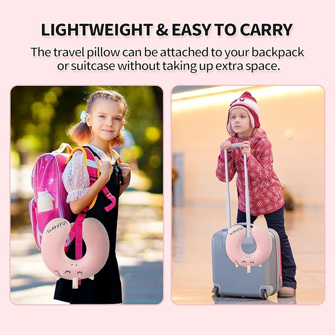 Neck Travel Pillow for Kids, Unicorn Airplane Memory Foam Pillow with Cute Sleep Mask & Earplugs, Lightweight Travelling Sleeping Pillow Set for Car, Train, Bus and Home Use (Pink) - Bloomnest