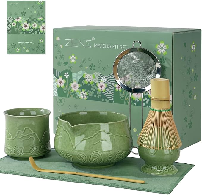 ZENS Matcha Whisk Set, 17oz Ceramic Matcha Set Includes Matcha Bowl and Matcha Cup, Bamboo Whisk & Chasen Holder, Sifter, Scoop & Tea Towel, 7pcs Matcha Kit for Matcha Latte, Emerald Green - Bloomnest