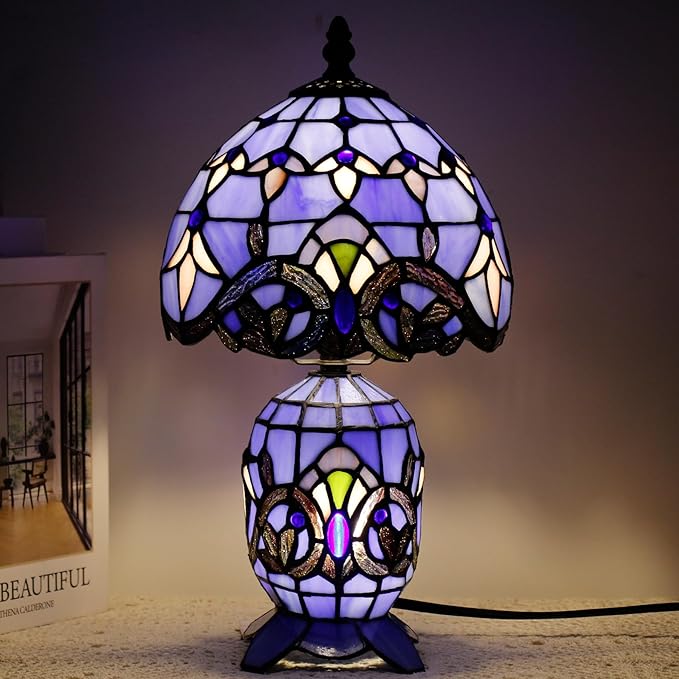 Small Tiffany Lamp Stained Glass Table Lamp Mini Mother Daughter Vase Desk Accent Light for Bedroom Bedside Reading Home Antique Style Decor 8X14 Inches (Blue Baroque) - Bloomnest