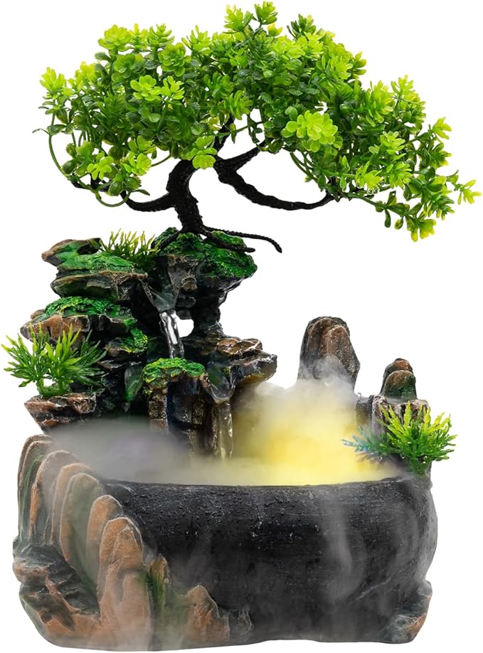 Waterfall Fountain Indoor Mini Rockery Waterfall with Led Lights & Atomizer Indoor Fountains and Waterfalls Table Top Water Fountain for Office, Home, Bedroom Desk Decor