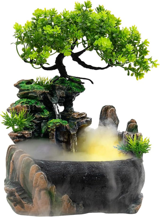 Waterfall Fountain Indoor Mini Rockery Waterfall with Led Lights & Atomizer Indoor Fountains and Waterfalls Table Top Water Fountain for Office, Home, Bedroom Desk Decor