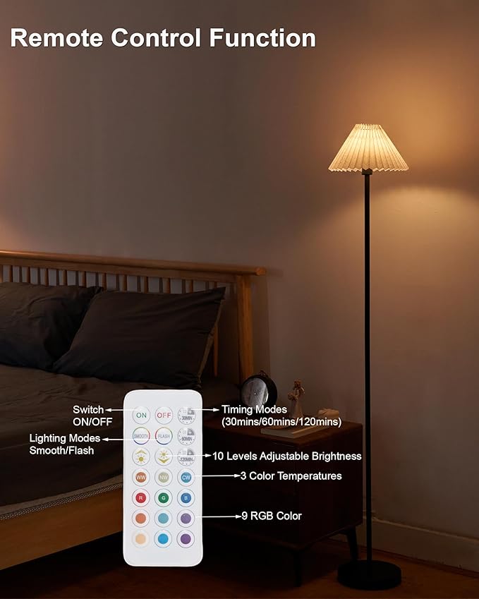 UMEXUS Cordless Floor Lamp for Bedroom, Rechargeable Battery Operated with Remote & Timer, Dimmable RGB, Pleated Standing Light Small Corner Pole Lamps for Living Room Bedside Outdoor Patio Home Decor - Bloomnest