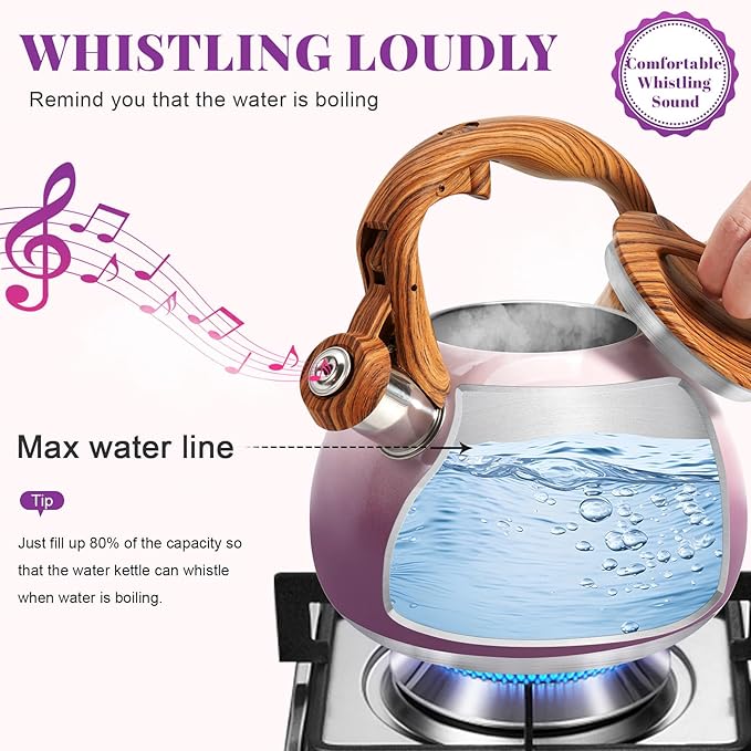 GGC Tea Kettle for Stove Top, 3.1QT/3L Whistling Tea Kettles for Boiling Water Coffee or Milk, Purple Tea Pot with Wood Parttern Handle, Stainless Steel Tea Pot for Home and Kitchen - Bloomnest