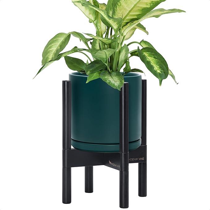 D'vine Dev Ceramic Planter with Ebony Stand - 8 Inch Modern Round Flower Pot with Wood Planter Holder, Teal, 55-B-M-4 - Bloomnest