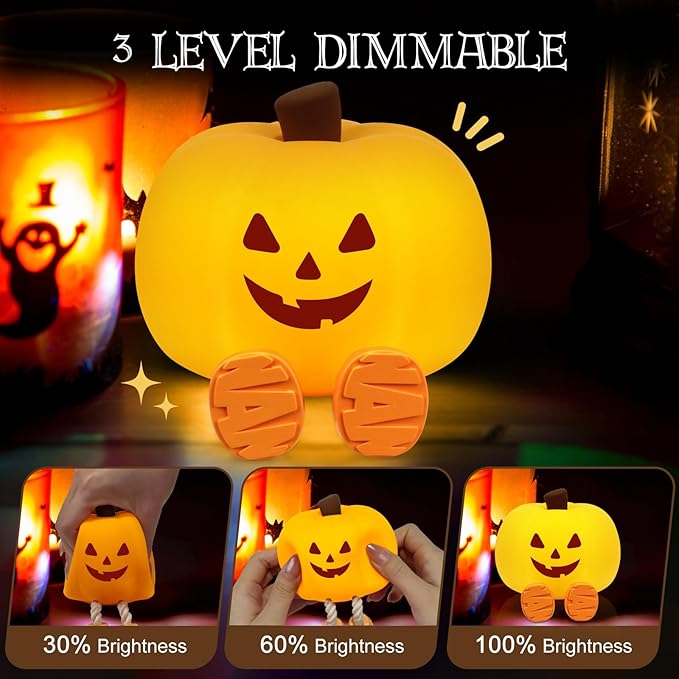 Pumpkin Night Light for Kids Cute Jack O Lantern Halloween Decor Nightlight for Baby Nursery Toddler Squishy Pumpkin Lights Cordless Rechargeable Dimmable Silicone Bedside Lamp Halloween Gifts - Bloomnest