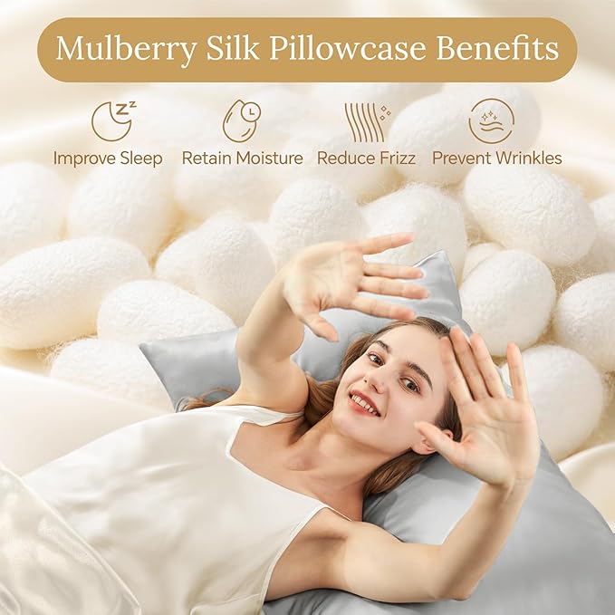 INFIIXSO Silk Pillow Cases 2 Pack Standard Size, Ultra Smooth & Soft Mulberry Silk Pillow Case for Hair and Skin, Breathable Cooling Silk Pillowcase with Hidden Zipper (Light Grey, 20x26 Inches) - Bloomnest