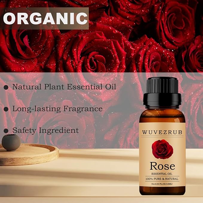 Rose Essential Oils 10ML, 100% Pure and Natural Essential Oil for Aromatherapy Diffuser - 0.33 Fl Oz/Rose WUVEZRUB