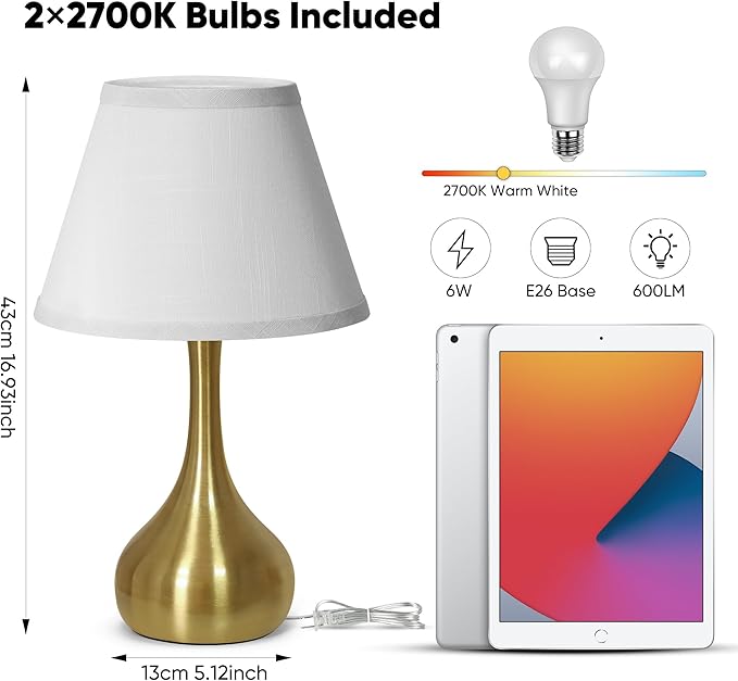 Touch Table Lamp for Bedroom Set of 2, 3-Way Dimmable Bedside Lamp for Nightstand, 17” Modern Metal Desk Lamp with Linen Shade for Living Room, Kids Reading, Dorm, Home Office Decor, Bulb Included - Bloomnest
