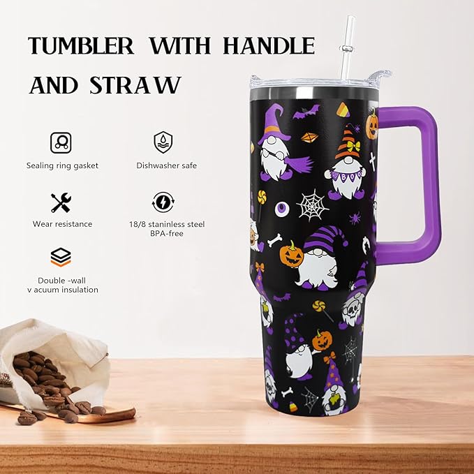 Ceovfoi 40 oz Halloween Gnome Tumbler Insulated Stainless Tumbler,Halloween Goth Ghost Travel Coffee Cup Water Botter, Witch Goth Decor Halloween Gifts For Women - Bloomnest