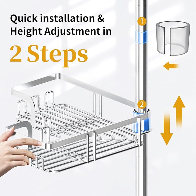 KEGII Adjustable Shower Caddy Corner Tension Pole, Rustproof Shower Rod Organizer with Hooks, Floor to Ceiling Tension Rod 25-114.2 Inch, Bathtub Storage Organizer for Shampoo, 4-Tier Silver - Bloomnest