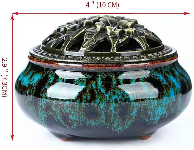 Censer Sky Blue Incense Burner with Calabash Incense Stick Holder - Porcelain Charcoal Censer for Use with Resin Granular Powder Cone or Coil Incense (Blue Fambe) - Bloomnest