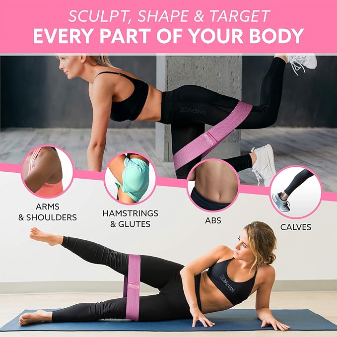 3DActive Fabric Resistance Bands for Legs & Butt. Wide Non-Slip Hip Band Set for Home & Gym Workouts. Exercise Guide & Carry Bag Included. - Bloomnest