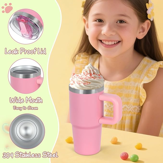 Cosictic 14 Oz Flip Straw Tumbler with Handle for Kids, Stainless Steel Double Wall Insulated Cup for Children with Flip Top Lid, 14 Oz Leak-proof Cups for Kids, Pink - Bloomnest