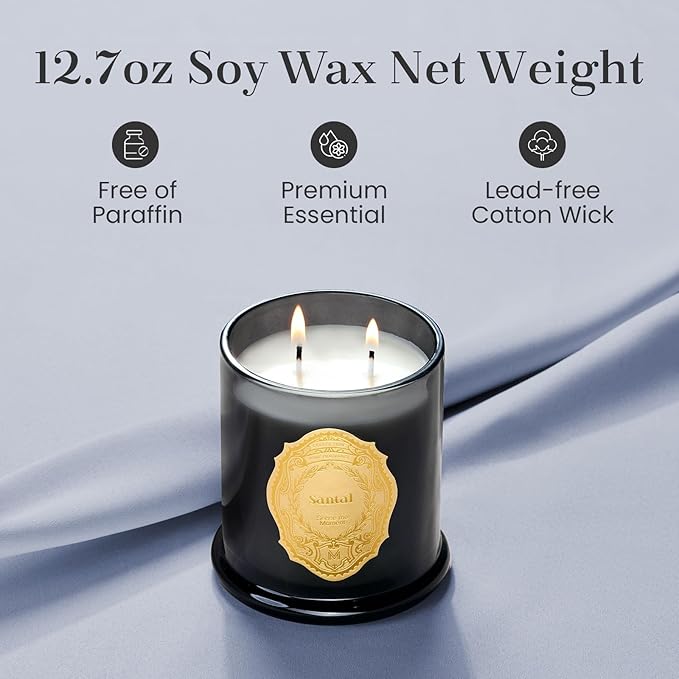 M&SENSE Santal Candles for Home Scented, 2 Wick 12.7oz Soy Wax Candles Non Toxic,70 Hours Long Burning,Luxury Candles Gift for Stress Relief, Meditation, Yoga - Bloomnest