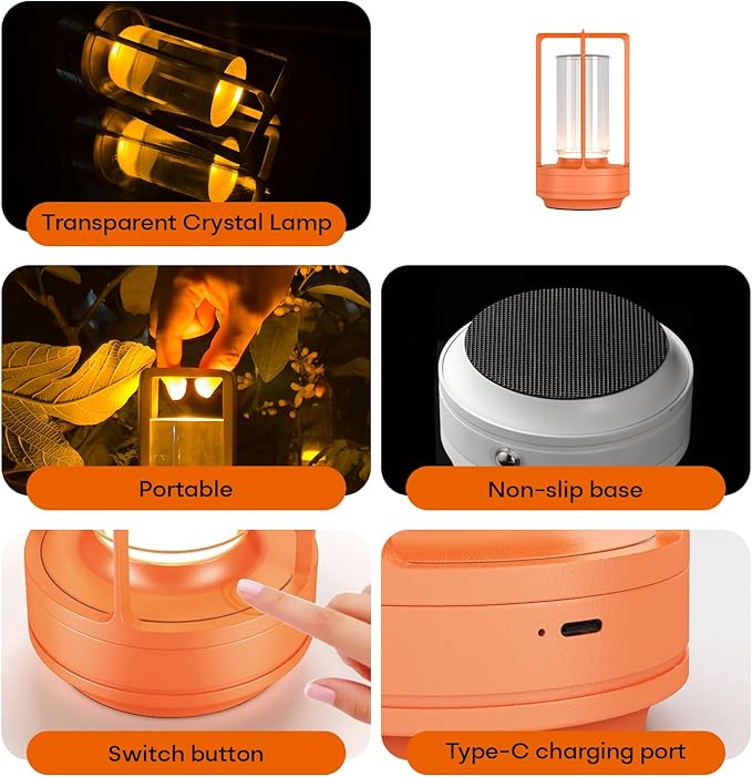 Portable Metal Table Lamp for Indoor/Outdoor ,Rechargeable Cordless LED Lamp, 3-Colour Infinitely Dimming Battery Powered Small Desk Lamp, Restaurant/Bedroom/Bar/Coffee Shop/Camping Light (Orange) - Bloomnest