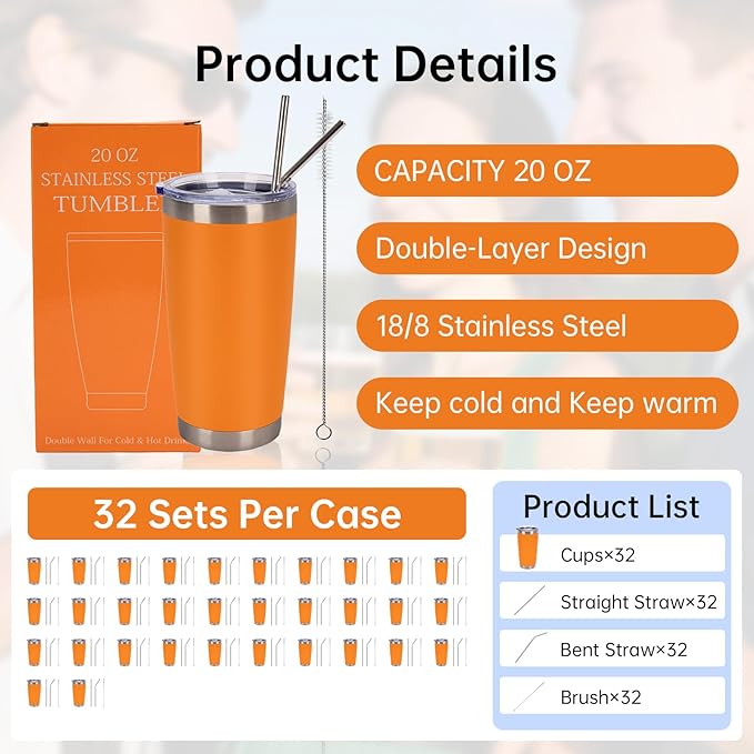IEOVIEE 32 Pack, 20oz Stainless Steel Bulk Tumblers with Lids and Straws, Double Wall Insulated Travel Mug, Durable Powder Coated Tumbler Bulk Cup for Cold and Hot Drinks(Orange) - Bloomnest
