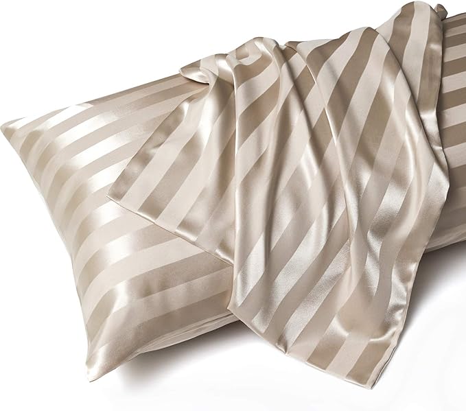 MR&HM Satin Body Pillow Cover, Soft and Breathable Body Pillow Case with Envelope Closure, Cooling and Silky Long Pillowcase for Hair and Skin,Grey (20x54, Champagne Striped) - Bloomnest