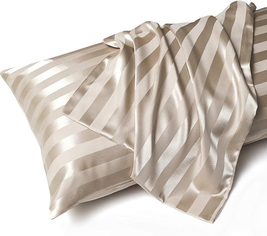 MR&HM Satin Body Pillow Cover, Soft and Breathable Body Pillow Case with Envelope Closure, Cooling and Silky Long Pillowcase for Hair and Skin,Grey (20x54, Champagne Striped) - Bloomnest