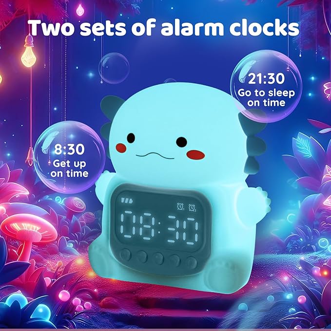 Axolotl Alarm Clock with Night Light for Kids, Rechargeable Silicone Lamp Time to Wake Clock Cute Animal Tabletop Lamp, Perfect Sleep Companion for Boys Girls, Blue - Bloomnest