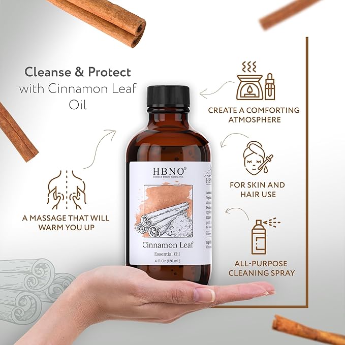 HBNO California Bottled Cinnamon Essential Oil (Leaf) 4 fl oz (120ml) - Natural Cinnamon Essential Oil for Diffuser - Perfect for Cleaning, Aromatherapy, DIY, Soap & Diffuser - - Bloomnest