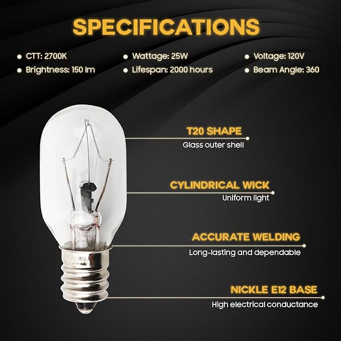 Seentech Pack of 8 E12 T20 25W Incandescent Bulbs for Salt Lamp 120V - Warm White Light 2700K, 150lm - Perfect for Himalayan Salt Lamps & Baskets, Scentsy Plug-in & Wax Warmers, Night Lights - Bloomnest
