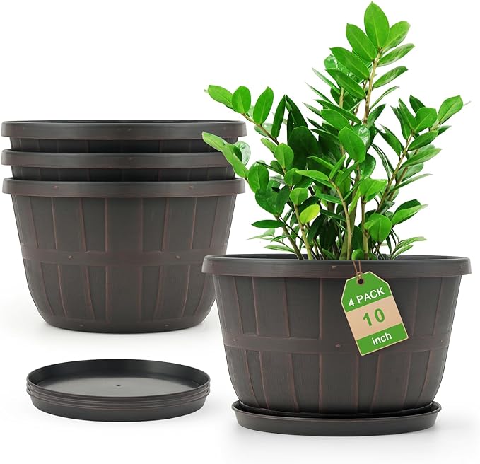 Quarut 10 inch Plastic Flower Pots for Outdoor Plants，4 Pack Large Outdoor Planter Pot with Drainage Holes & Saucers，Imitation Wine Barrel Design，for Indoor Outdoor Garden Plants（Brown） - Bloomnest