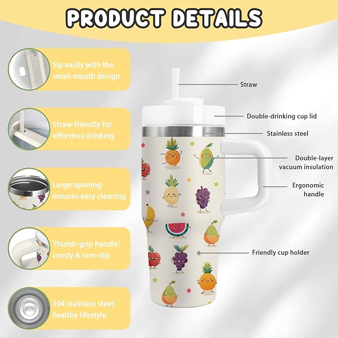Fruit Tumbler Gifts - 14 oz Kids Tumbler with Handle & Lid, Stainless Steel Insulated Cup, Featuring Apple, Pineapple, Grape, Watermelon, for School, Travel, Daily use Children's Birthday Gift (1pc) Bloomnest