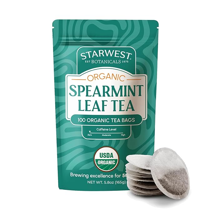 Starwest Botanicals Organic Spearmint Leaf Tea - Caffeine Free Herbal Tea, Promotes Calm, USDA Organic Spearmint Leaf, String Free Sachets, Non GMO - Bulk Pack, 100 Tea Bags - Bloomnest