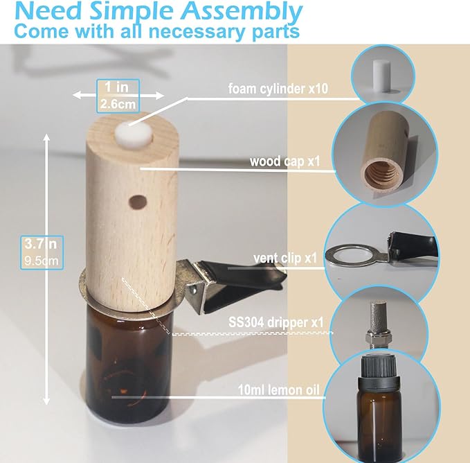 Refillable Car Essential Oil Diffuser with Lemon Oil (10ml), 30 Days’ Vent Clip Air Freshener Commuter Aromatherapy Non-toxic Strong Natural Fragrance Odor-fighting Fresh Scent for Women Men (1 Set) - Bloomnest