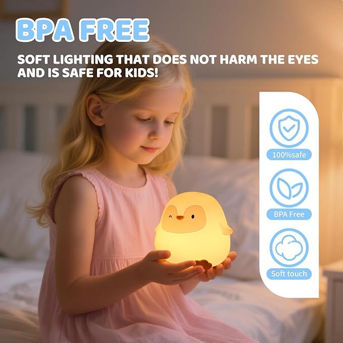 Squishy Penguin Silicone Night Light for Kids - USB Rechargeable LED Lamp with Soft Touch, Long Lasting Battery & Touch Control - Cute Penguin Light for Kids Room, Decor & Gifts - Bloomnest