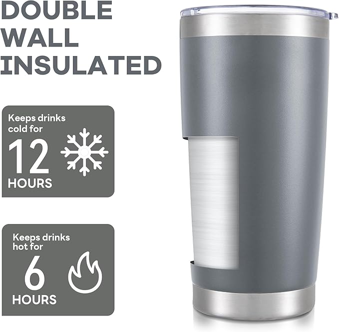20 oz Tumbler with Lid Stainless Steel Double Wall Vacuum Insulated Tumblers Powder Coated Cups Travel Mug Keep Drinks Cold and Hot, Grey