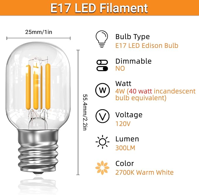 Microwave Light Bulbs Under Hood 8206232A E17 LED Bulb Compatible with Whirlpool Microwave Light Bulb Maytag GE Kenmore Amana 40W Equivalent Appliance Bulb 4W 300LM 2700k CRI90-2 Pack - Bloomnest