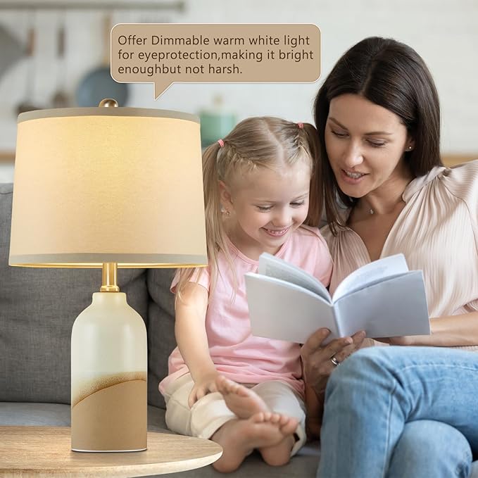 Luvkczc Ceramic Table Lamps Set of 2, 3-Color Temperature Adjustable Bedside Lamps with Line Lampshade, Nightstand Lamps for Bedroom, Living Room, Entryway Home Decor, Modern Table Lamps - Bloomnest