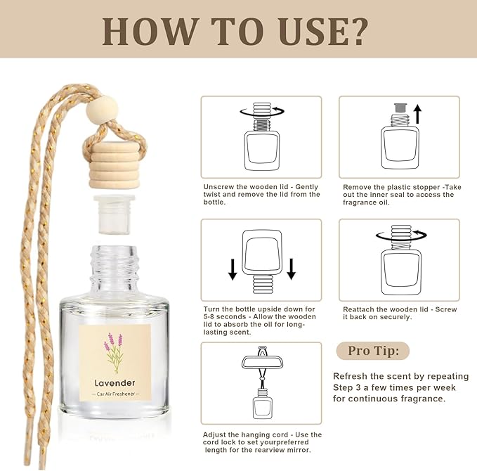 Car Air Freshener Oil Diffuser - Hanging Long Lasting Scent for Car & Home, Essential Oil Freshener with Adjustable Fragrance (Lavender+Red Roses+Oud Wood+Amber Allure) - Bloomnest
