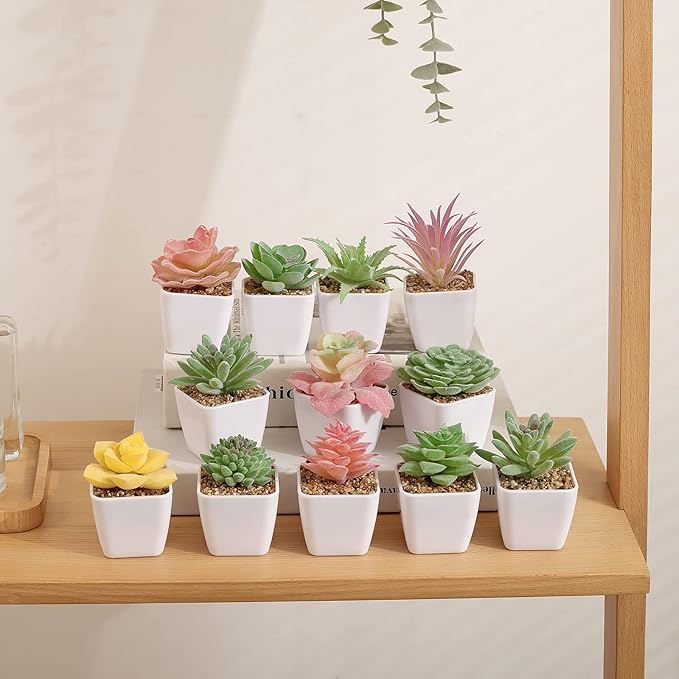 Tiita 24 Set Artificial Faux Succulents in Pots Fake Plants Plastic Arrangement Planter Small Mini Tiny Decoration for Home Office Desk Window Sill Bathroom Bedroom Outdoor Indoor - Bloomnest